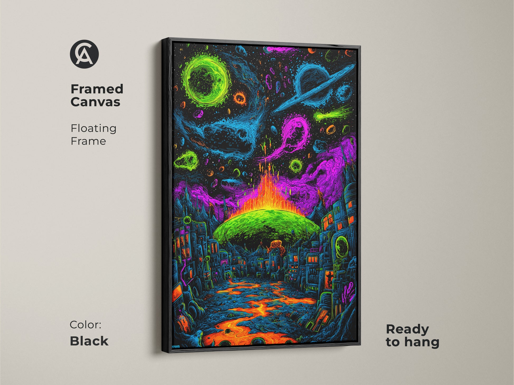 Elevate your decor with this framed canvas artwork in black. It features a neon city beneath cosmic planets. A lava river adds to the surreal scene. Ready to hang this floating frame art will transform any room. Shop now for unique wall art.