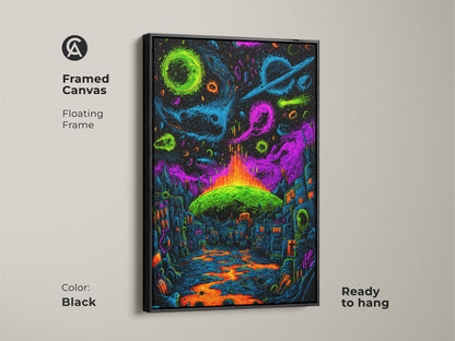 Elevate your decor with this framed canvas artwork in black. It features a neon city beneath cosmic planets. A lava river adds to the surreal scene. Ready to hang this floating frame art will transform any room. Shop now for unique wall art.