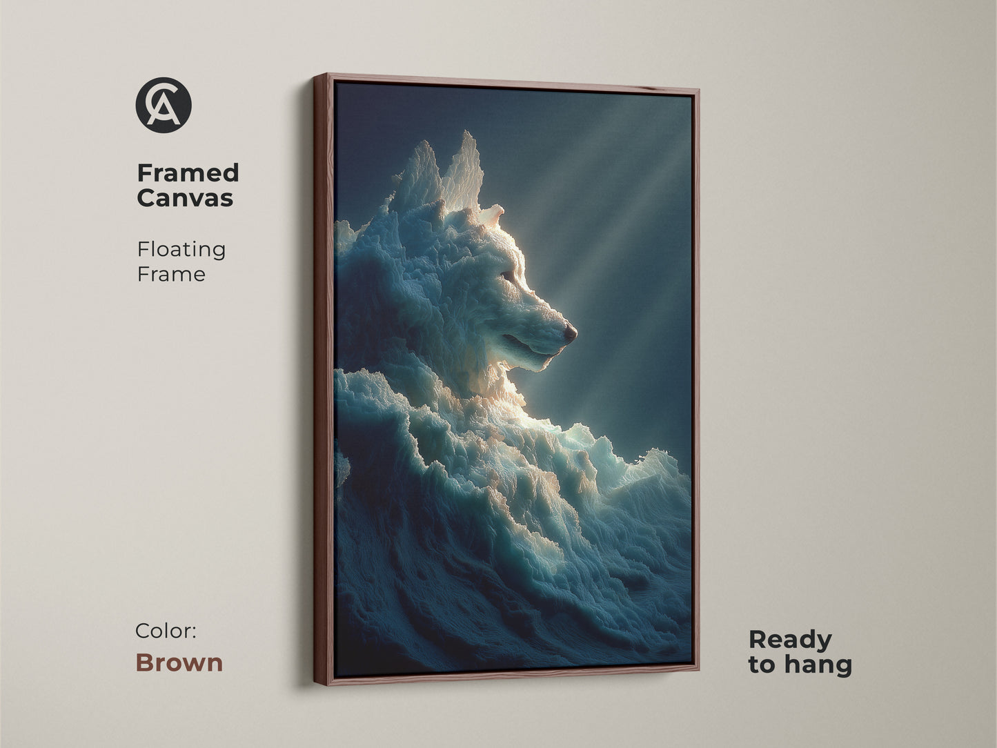 A framed canvas featuring surreal ice wolf art. The floating frame is brown in color. This fantasy animal print is ready to hang. The artwork adds a touch of elegance to any space. It makes a great gift.
