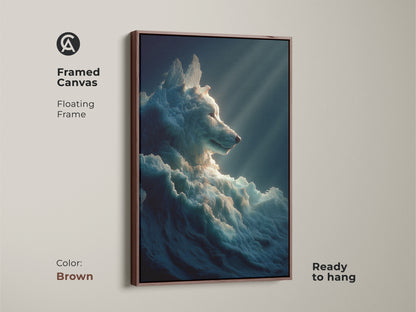A framed canvas featuring surreal ice wolf art. The floating frame is brown in color. This fantasy animal print is ready to hang. The artwork adds a touch of elegance to any space. It makes a great gift.
