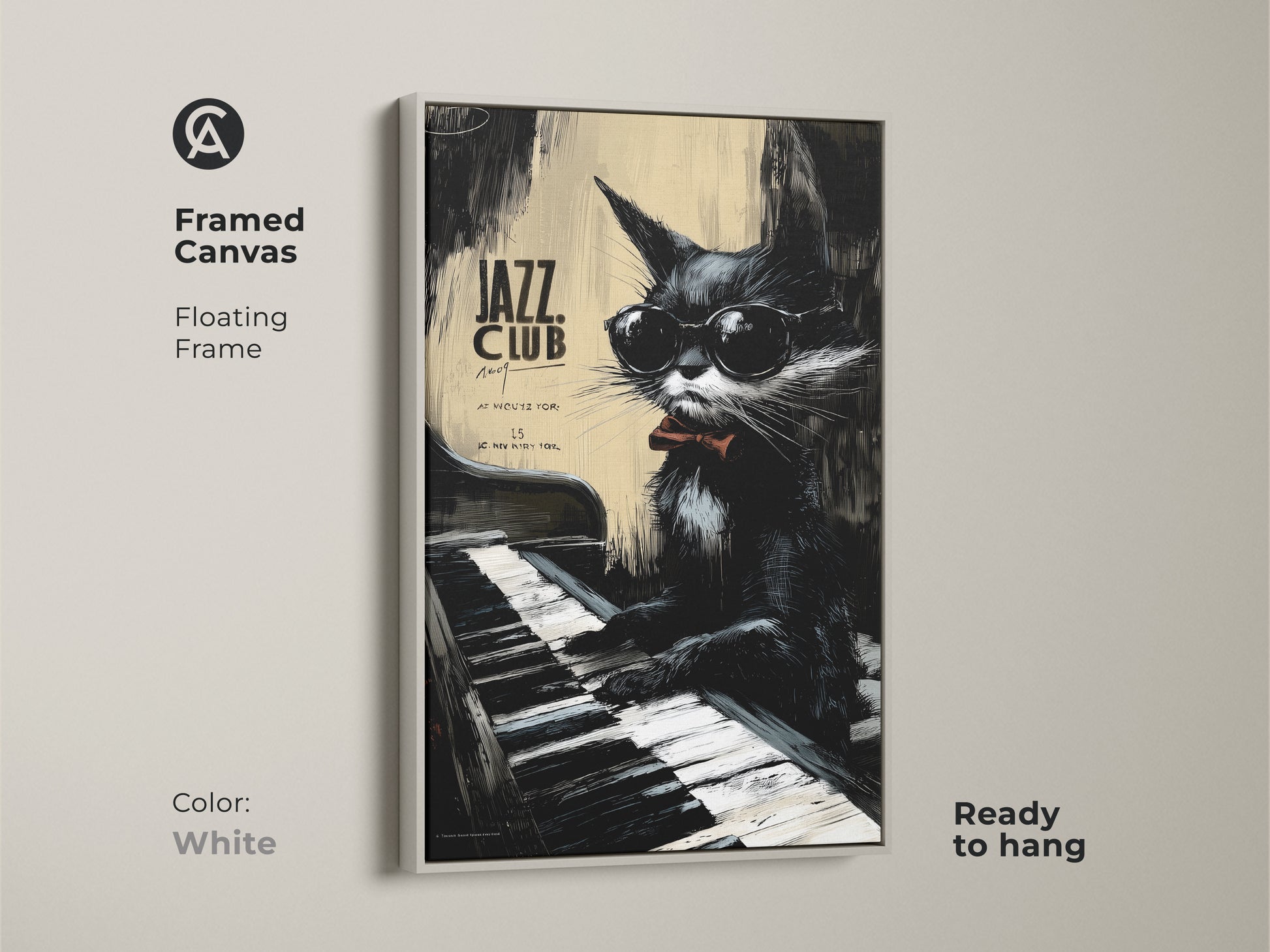 Framed canvas print of a jazz cat playing piano. The frame is white. The cat wears sunglasses and a bow tie. This floating frame artwork is ready to hang. This art is a stylish and fun decor choice.