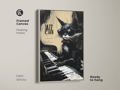 Framed canvas print of a jazz cat playing piano. The frame is white. The cat wears sunglasses and a bow tie. This floating frame artwork is ready to hang. This art is a stylish and fun decor choice.