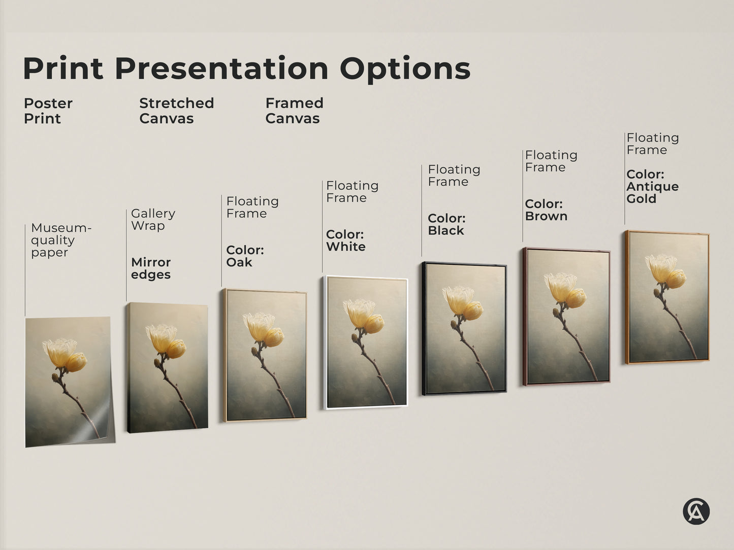 Explore presentation options for museum-quality paper poster prints. Stretched canvas gallery wraps with mirrored edges. Framed canvas with floating frames in oak white black brown and antique gold options available.