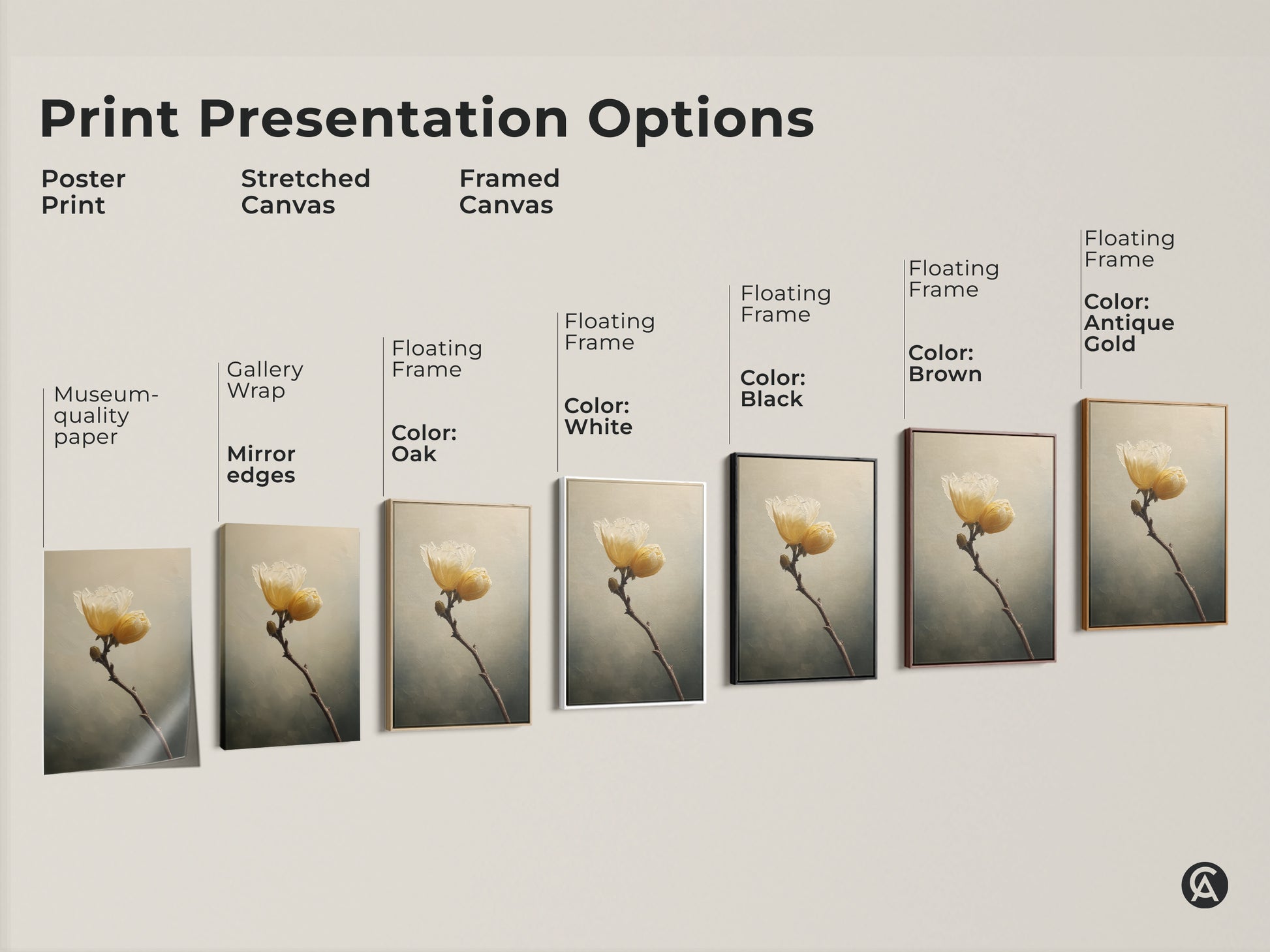 Explore presentation options for museum-quality paper poster prints. Stretched canvas gallery wraps with mirrored edges. Framed canvas with floating frames in oak white black brown and antique gold options available.