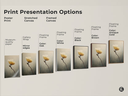 Explore presentation options for museum-quality paper poster prints. Stretched canvas gallery wraps with mirrored edges. Framed canvas with floating frames in oak white black brown and antique gold options available.
