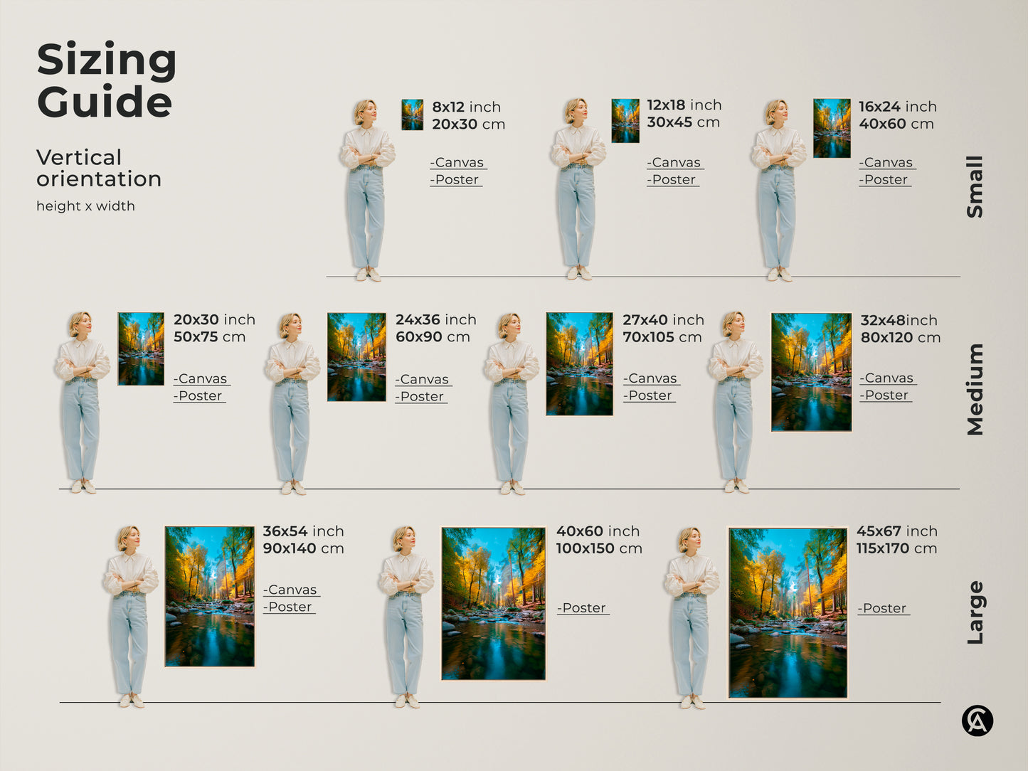 Sizing guide for vertical landscape artwork. See canvas and poster options in various sizes. Find the perfect fit for your space from small to large art prints featuring a vibrant autumn forest river.