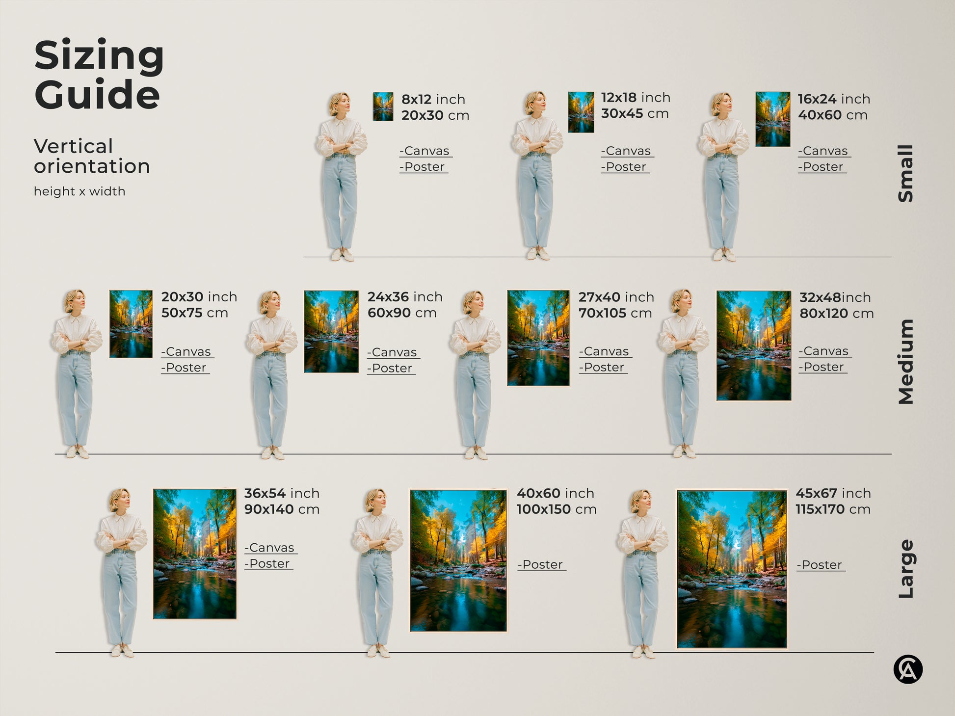 Sizing guide for vertical landscape artwork. See canvas and poster options in various sizes. Find the perfect fit for your space from small to large art prints featuring a vibrant autumn forest river.