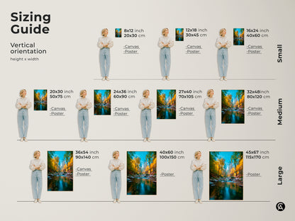 Sizing guide for vertical landscape artwork. See canvas and poster options in various sizes. Find the perfect fit for your space from small to large art prints featuring a vibrant autumn forest river.