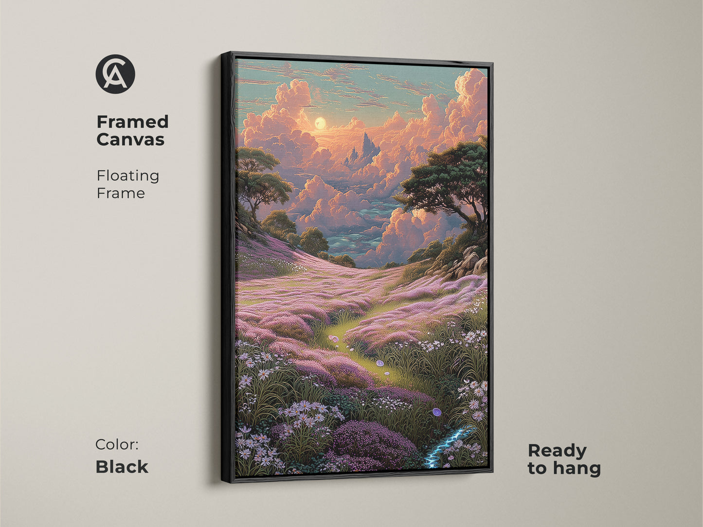This file cannot be scanned for viruses. Download Bohemian cloudscape wall art. It features a pink orange and teal flower field landscape canvas print. This fantasy nature home decor gift shows a dreamy landscape with whimsical clouds. A field of vibrant flowers is rendered in a captivating palette.