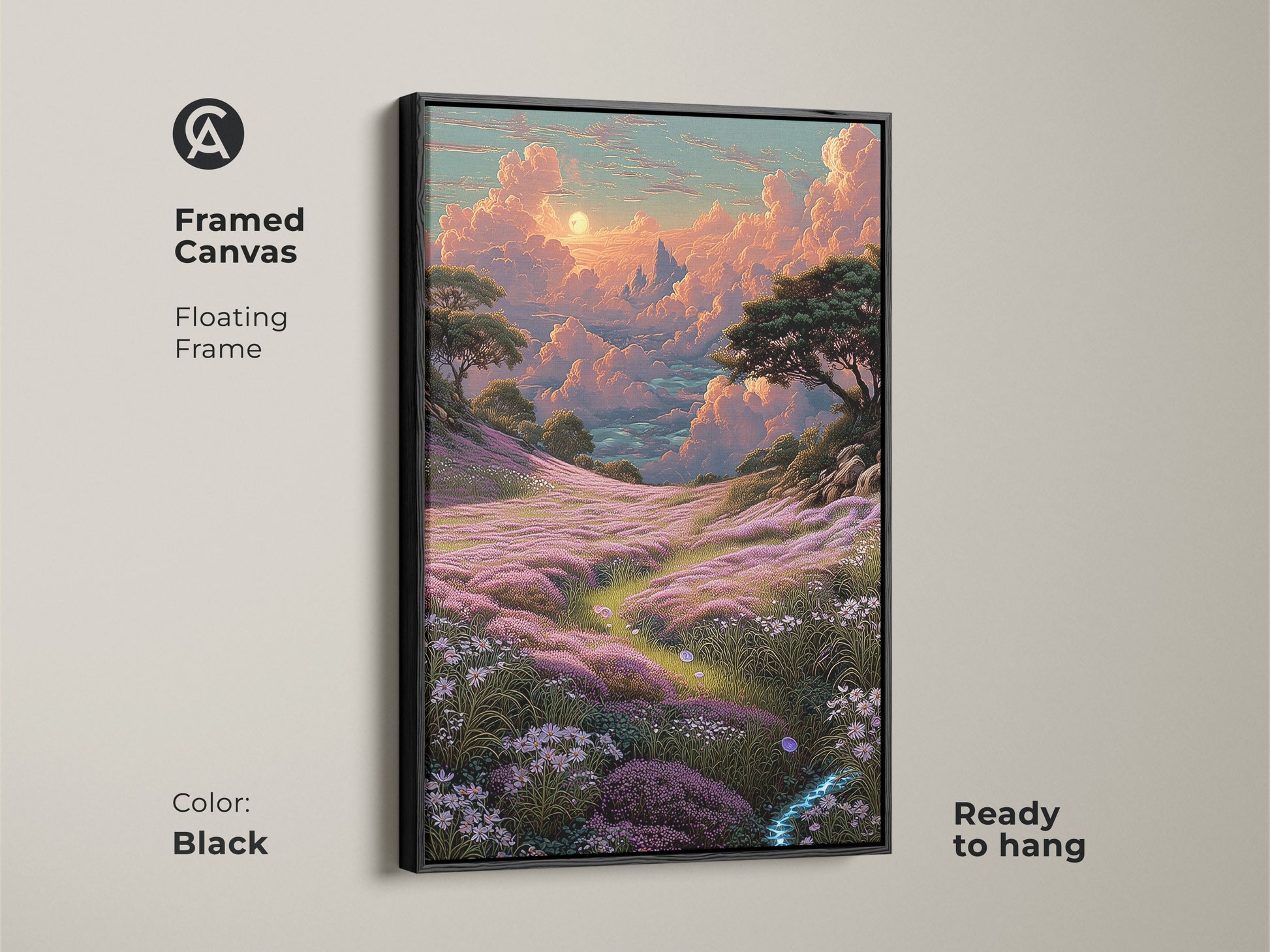 This file cannot be scanned for viruses. Download Bohemian cloudscape wall art. It features a pink orange and teal flower field landscape canvas print. This fantasy nature home decor gift shows a dreamy landscape with whimsical clouds. A field of vibrant flowers is rendered in a captivating palette.
