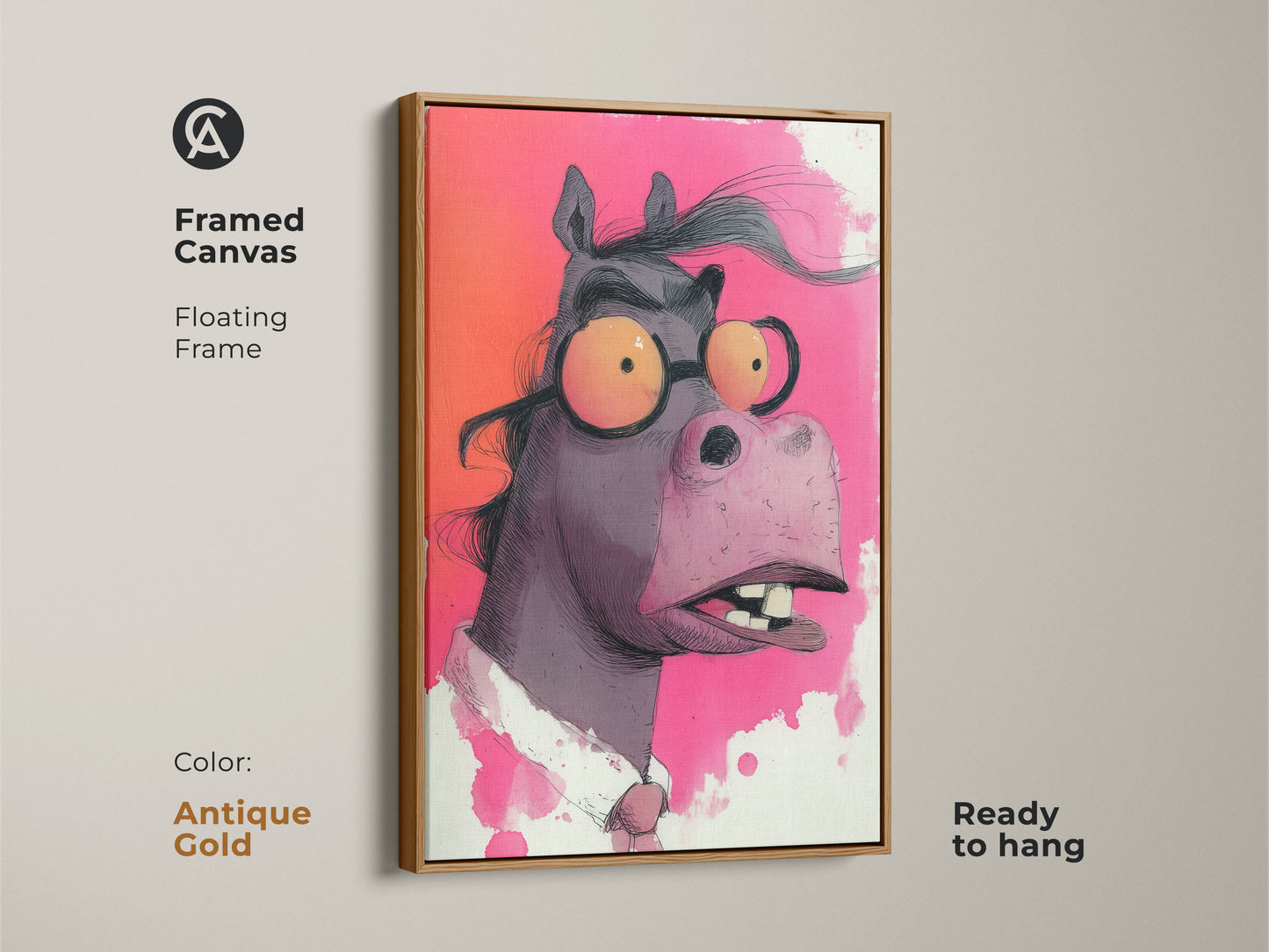Framed canvas with a floating antique gold frame. It features a humorous horse with glasses. Fuchsia and orange artwork is ideal for office decor. Ready to hang this is a unique horse gift.