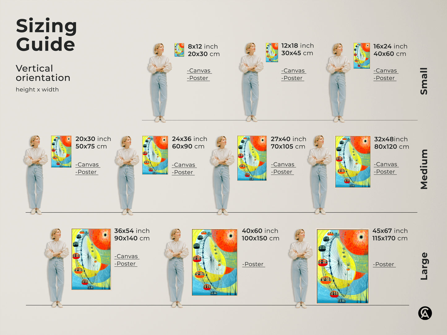 Sizing guide for vertical abstract Ferris wheel art prints. Find small medium and large sizes in both canvas and poster formats. Visualize the perfect fit for your space with this yellow orange and blue modern cityscape ideal for adding a contemporary touch to any wall.