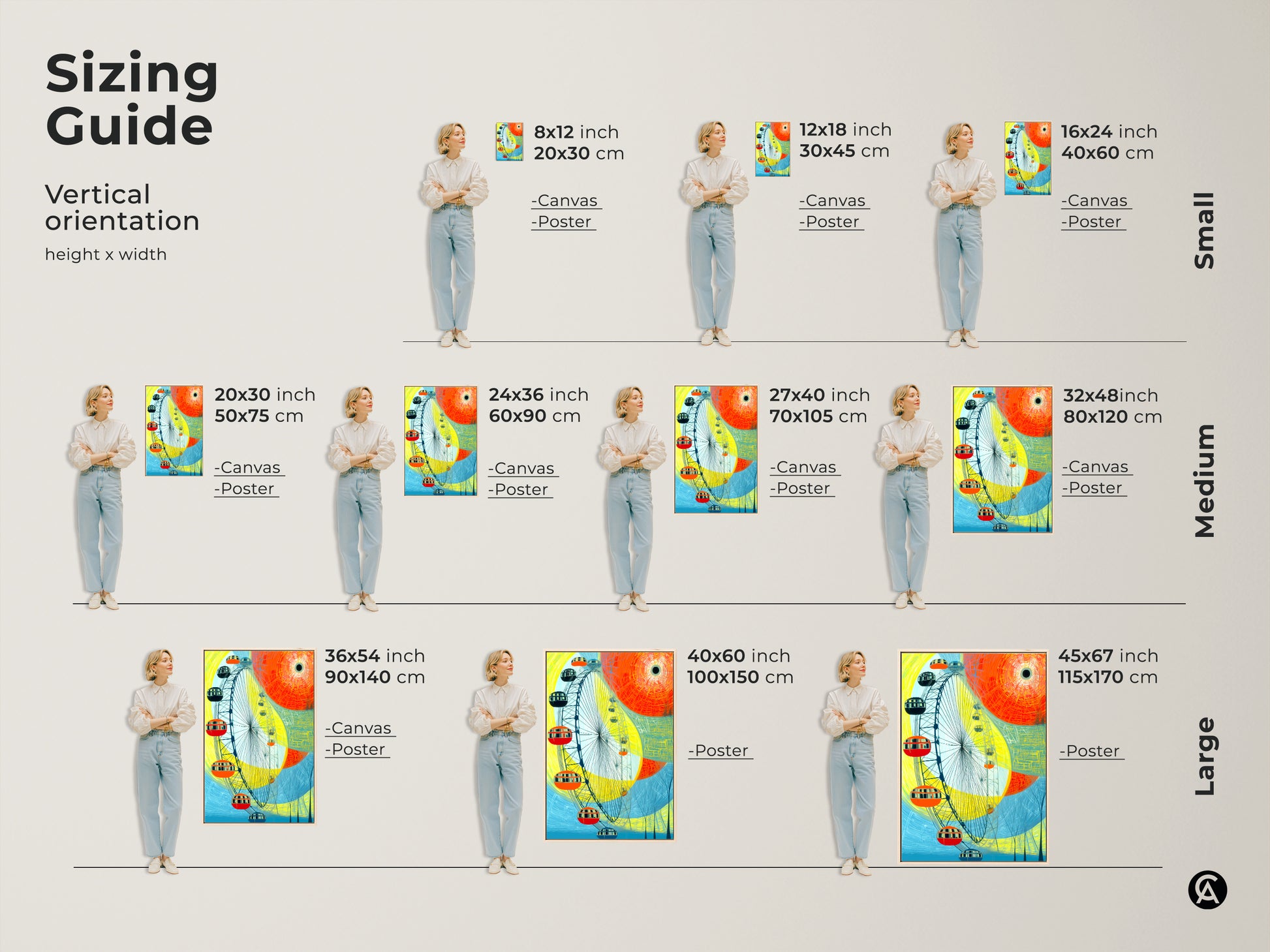 Sizing guide for vertical abstract Ferris wheel art prints. Find small medium and large sizes in both canvas and poster formats. Visualize the perfect fit for your space with this yellow orange and blue modern cityscape ideal for adding a contemporary touch to any wall.