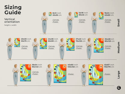 Sizing guide for vertical abstract Ferris wheel art prints. Find small medium and large sizes in both canvas and poster formats. Visualize the perfect fit for your space with this yellow orange and blue modern cityscape ideal for adding a contemporary touch to any wall.
