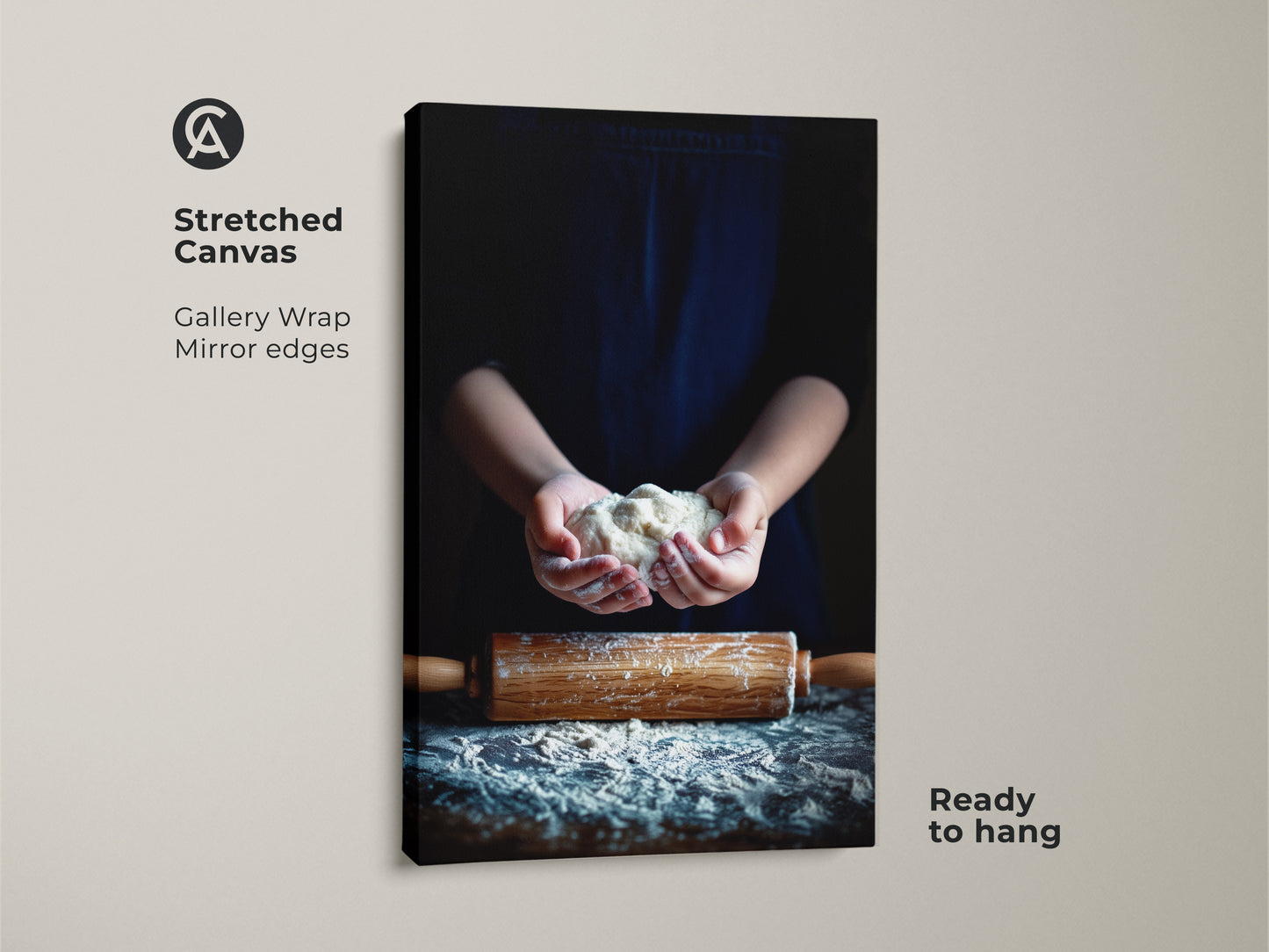 Stretched canvas print shows hands holding dough. The gallery wrap has mirror edges. The artwork is ready to hang. This farmhouse kitchen decor print is a baker's delight.