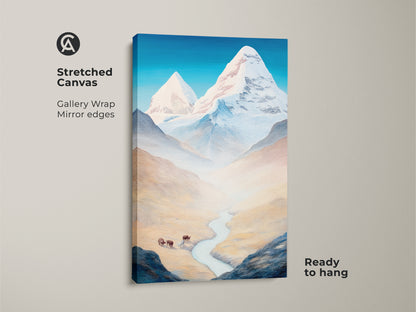Stretched Canvas showcasing Mountain Bison Artwork with gallery wrap and mirror edges giving a sleek modern look. This stylized landscape print features a blue sky and textured mountain scene. It's ready to hang and perfect for adding a touch of nature to your home.