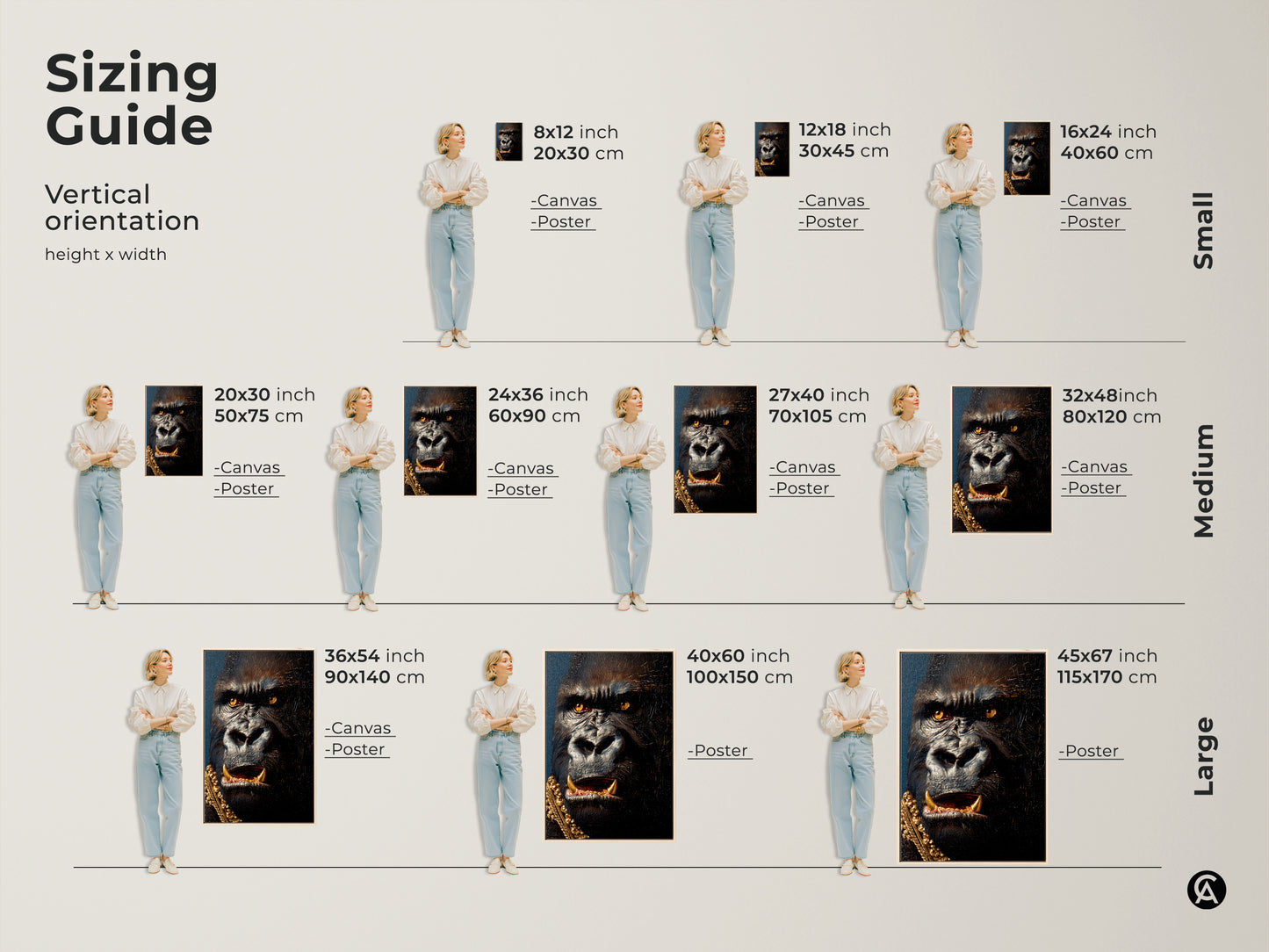 Sizing guide for gorilla artwork. Visualize different sizes from small to large. See how the regal gorilla art fits in various spaces. Choose the perfect dimensions for your home decor. Find canvas and poster options available now.