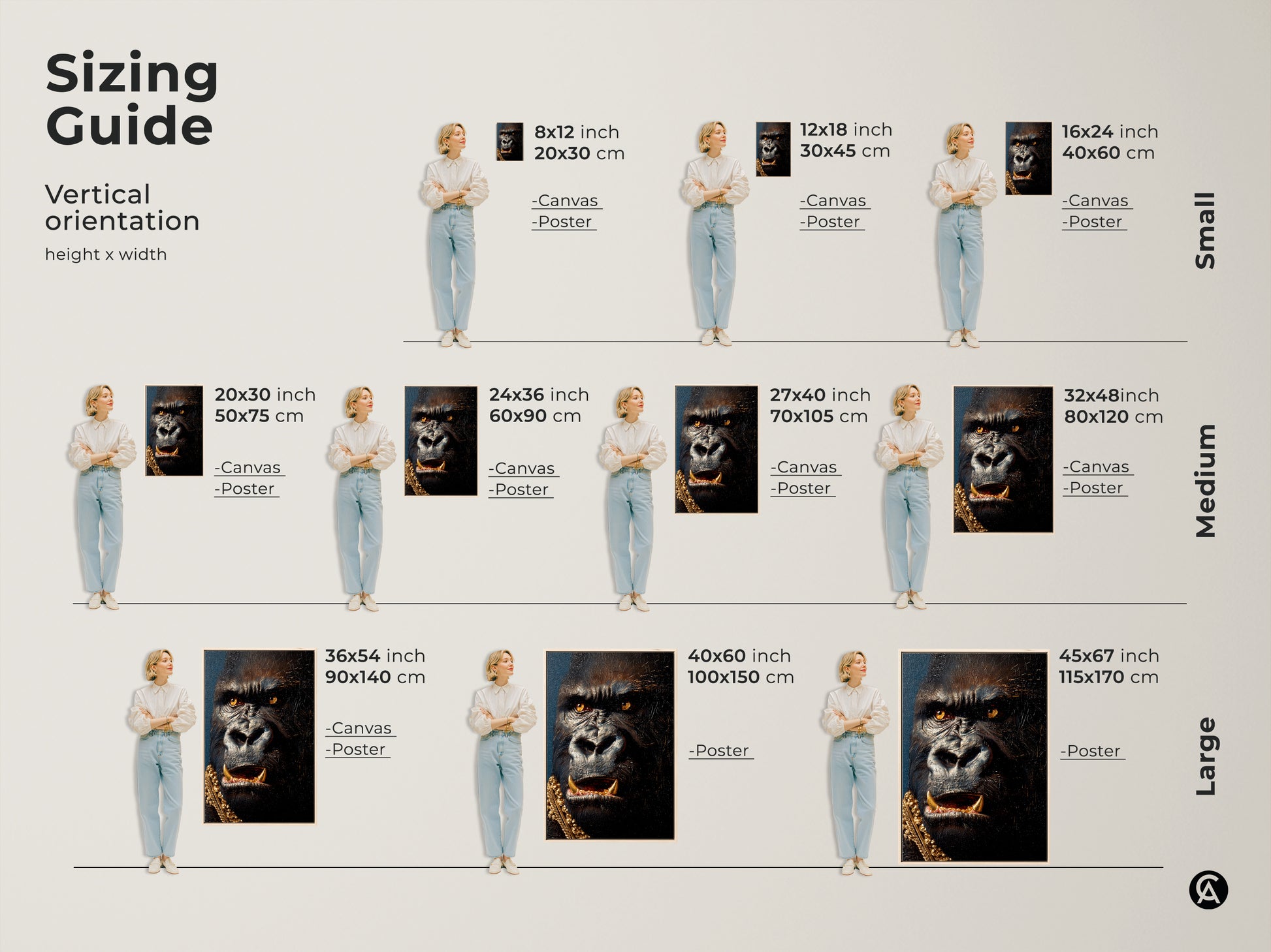 Sizing guide for gorilla artwork. Visualize different sizes from small to large. See how the regal gorilla art fits in various spaces. Choose the perfect dimensions for your home decor. Find canvas and poster options available now.