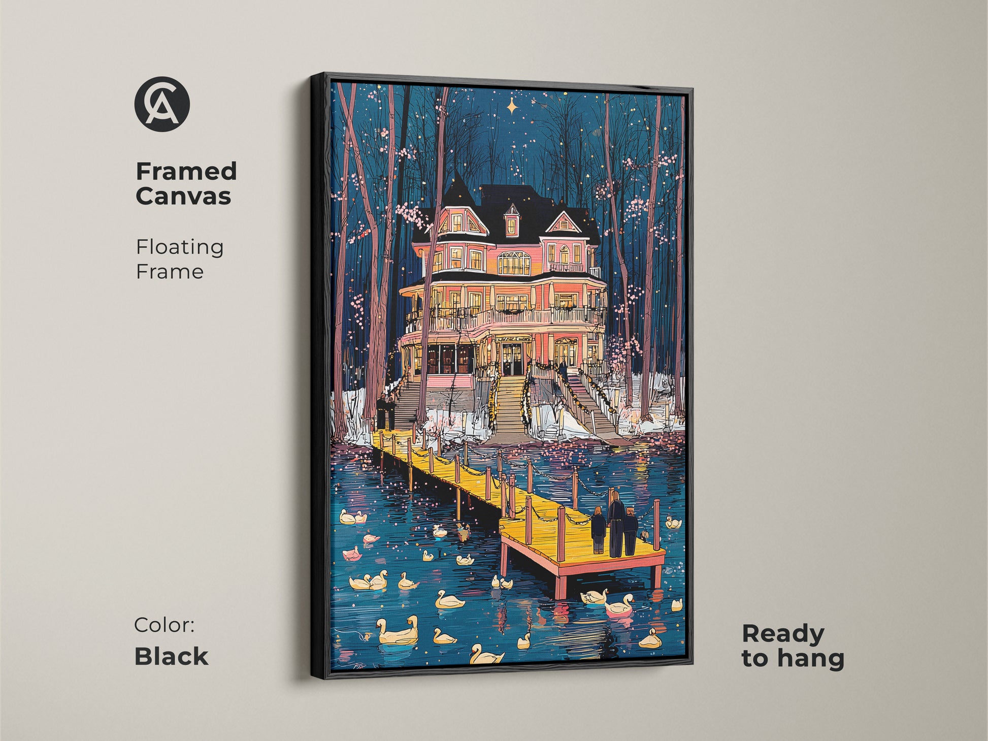 Black Framed Canvas showcasing a Pink Victorian House art by a tranquil Duck Lake. Floating frame is ready to hang. A Navy and pink sunset wall art. Elegant house painting with waterfowl art.