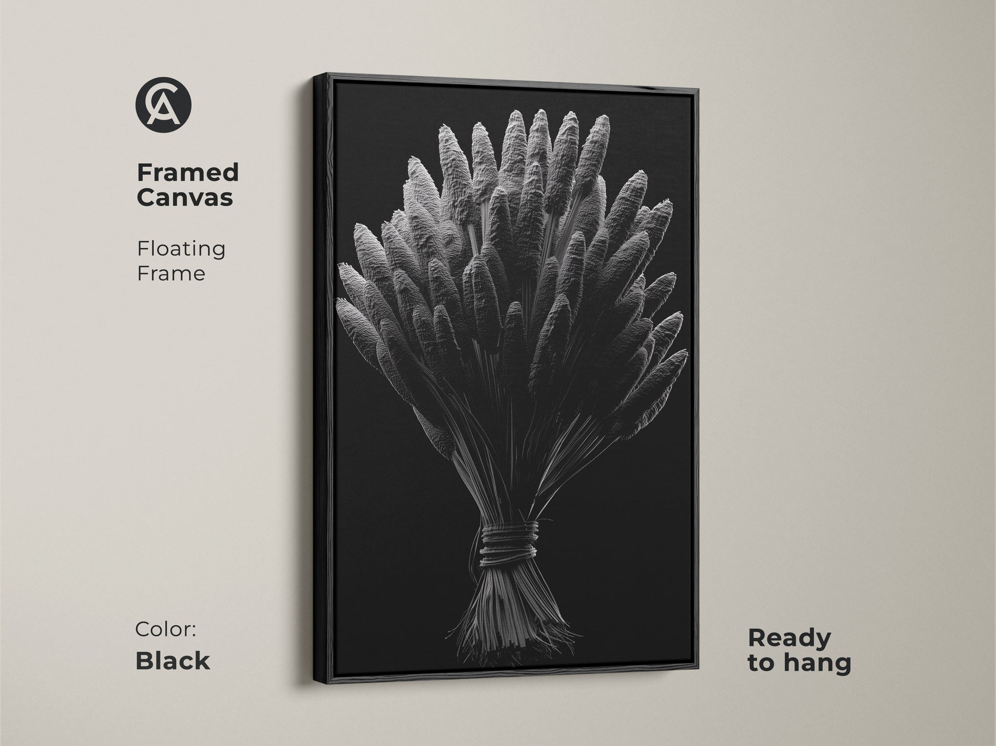 Framed canvas with botanical artwork. The silver wheat illustration has a floating black frame. A modern wall art piece is ready to hang. Find framed art prints to complement your interior aesthetic today.