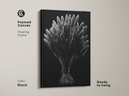 Framed canvas with botanical artwork. The silver wheat illustration has a floating black frame. A modern wall art piece is ready to hang. Find framed art prints to complement your interior aesthetic today.