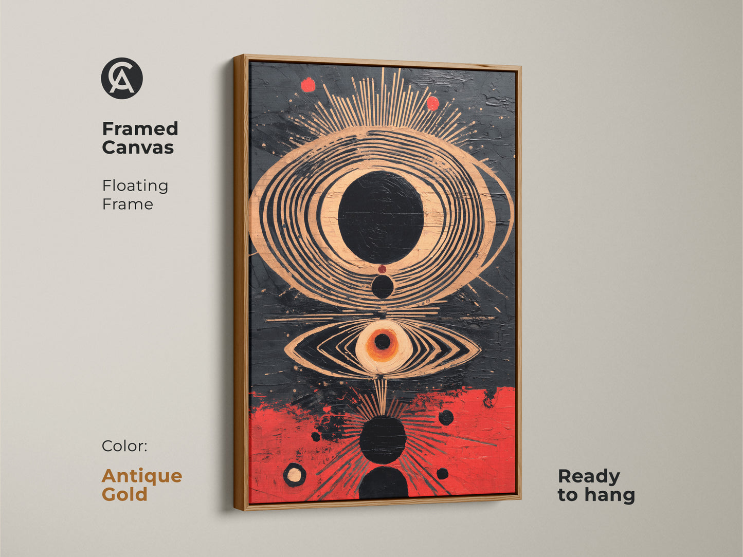 Antique gold framed canvas displaying abstract eye wall art. The floating frame complements the crimson copper and black sunburst. Ready to hang this modern artwork enhances eclectic modern home spaces. It is a unique eye motif.