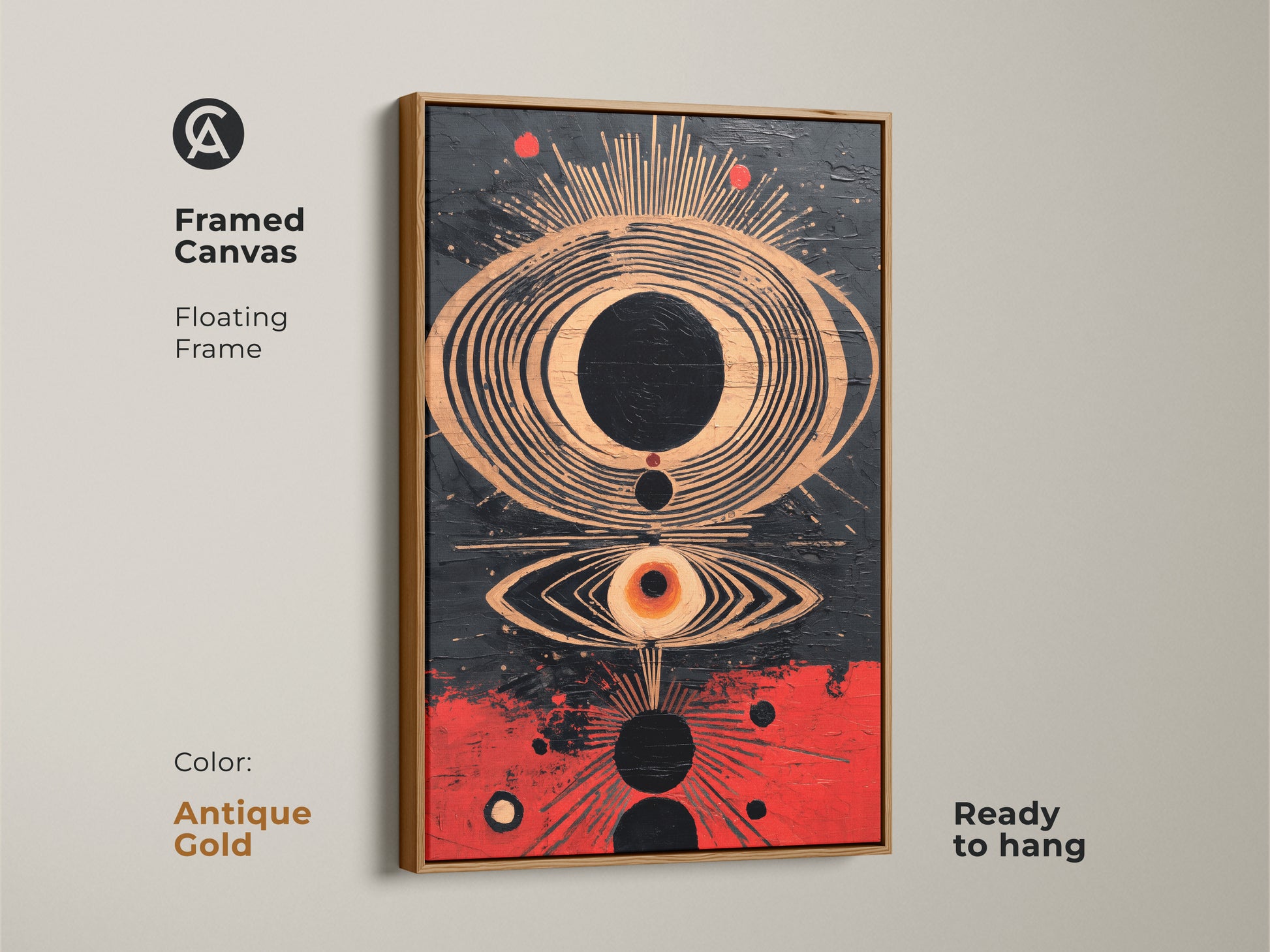 Antique gold framed canvas displaying abstract eye wall art. The floating frame complements the crimson copper and black sunburst. Ready to hang this modern artwork enhances eclectic modern home spaces. It is a unique eye motif.