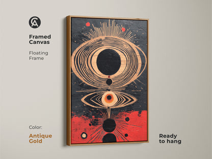 Antique gold framed canvas displaying abstract eye wall art. The floating frame complements the crimson copper and black sunburst. Ready to hang this modern artwork enhances eclectic modern home spaces. It is a unique eye motif.