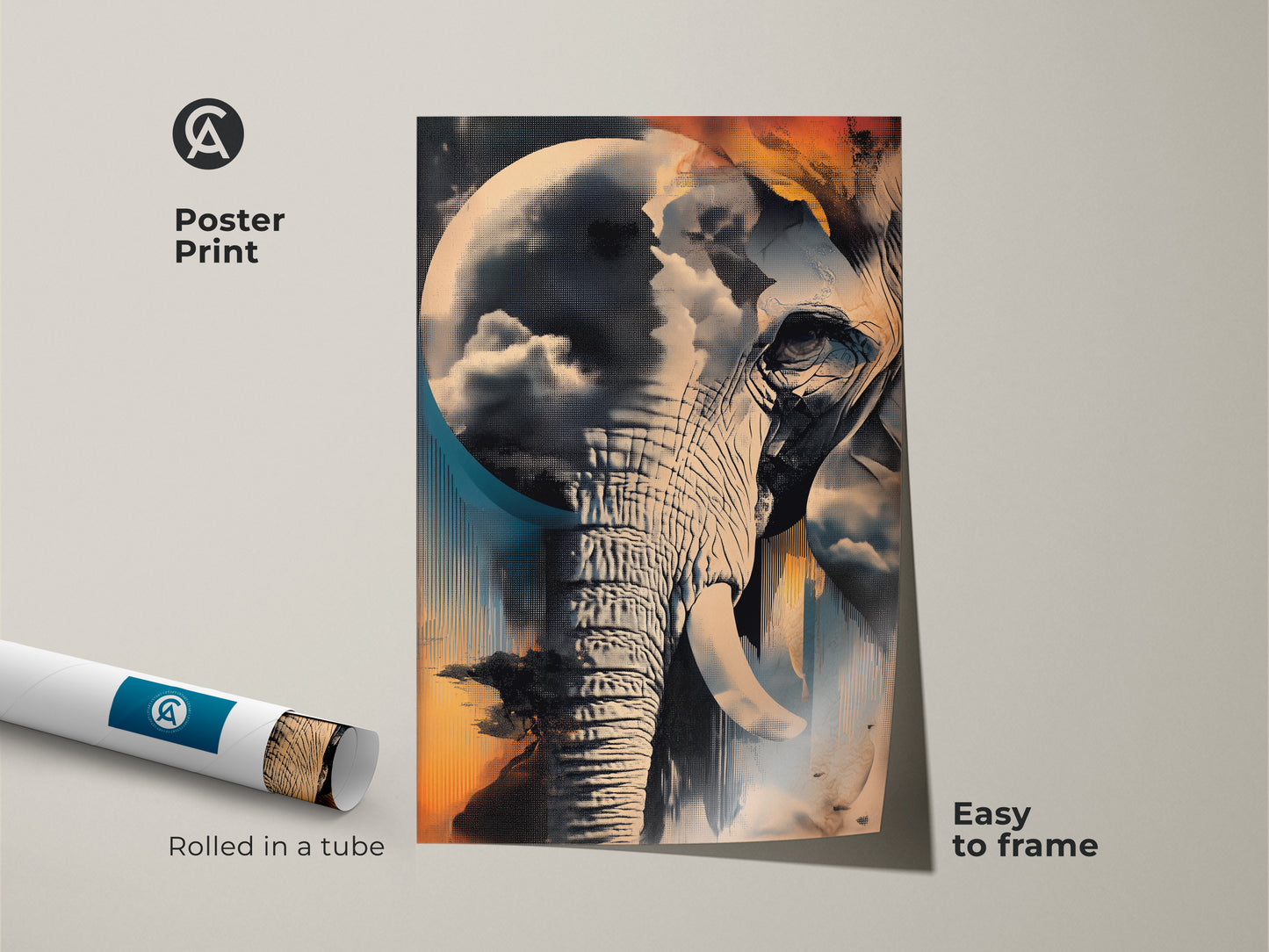 Poster print of a surreal elephant artwork rolled in a tube. This abstract animal painting features teal blue and orange colors. This eclectic home decor piece showcases a unique nature cloudscape. Its an easy-to-frame art for any room. Great as a housewarming present for art enthusiasts.