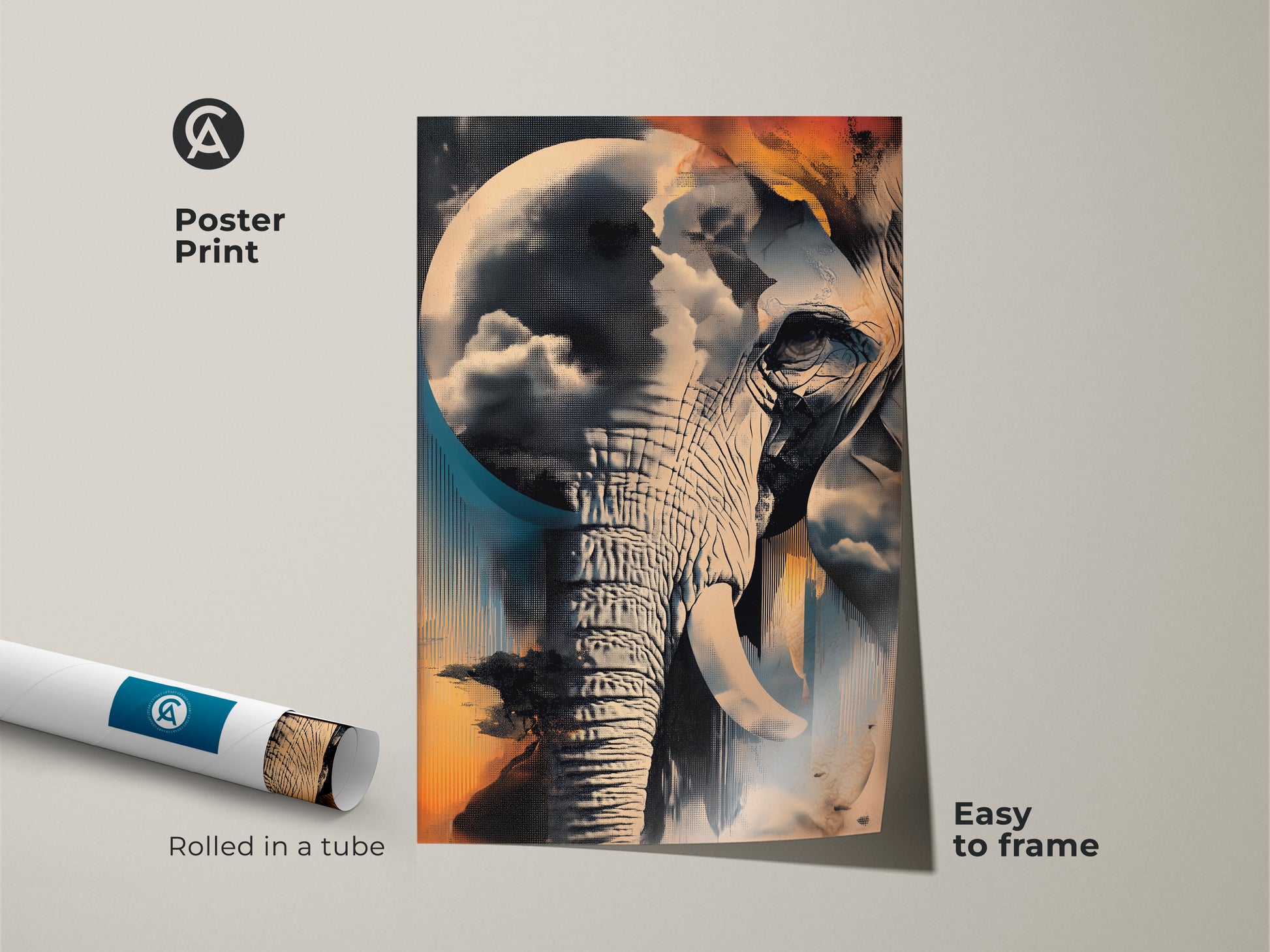 Poster print of a surreal elephant artwork rolled in a tube. This abstract animal painting features teal blue and orange colors. This eclectic home decor piece showcases a unique nature cloudscape. Its an easy-to-frame art for any room. Great as a housewarming present for art enthusiasts.