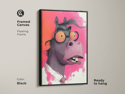 Framed canvas with a floating black frame. It features a funny horse wearing glasses. Fuchsia and orange animal wall art adds character to any space. Ready to hang ideal for horse lovers.