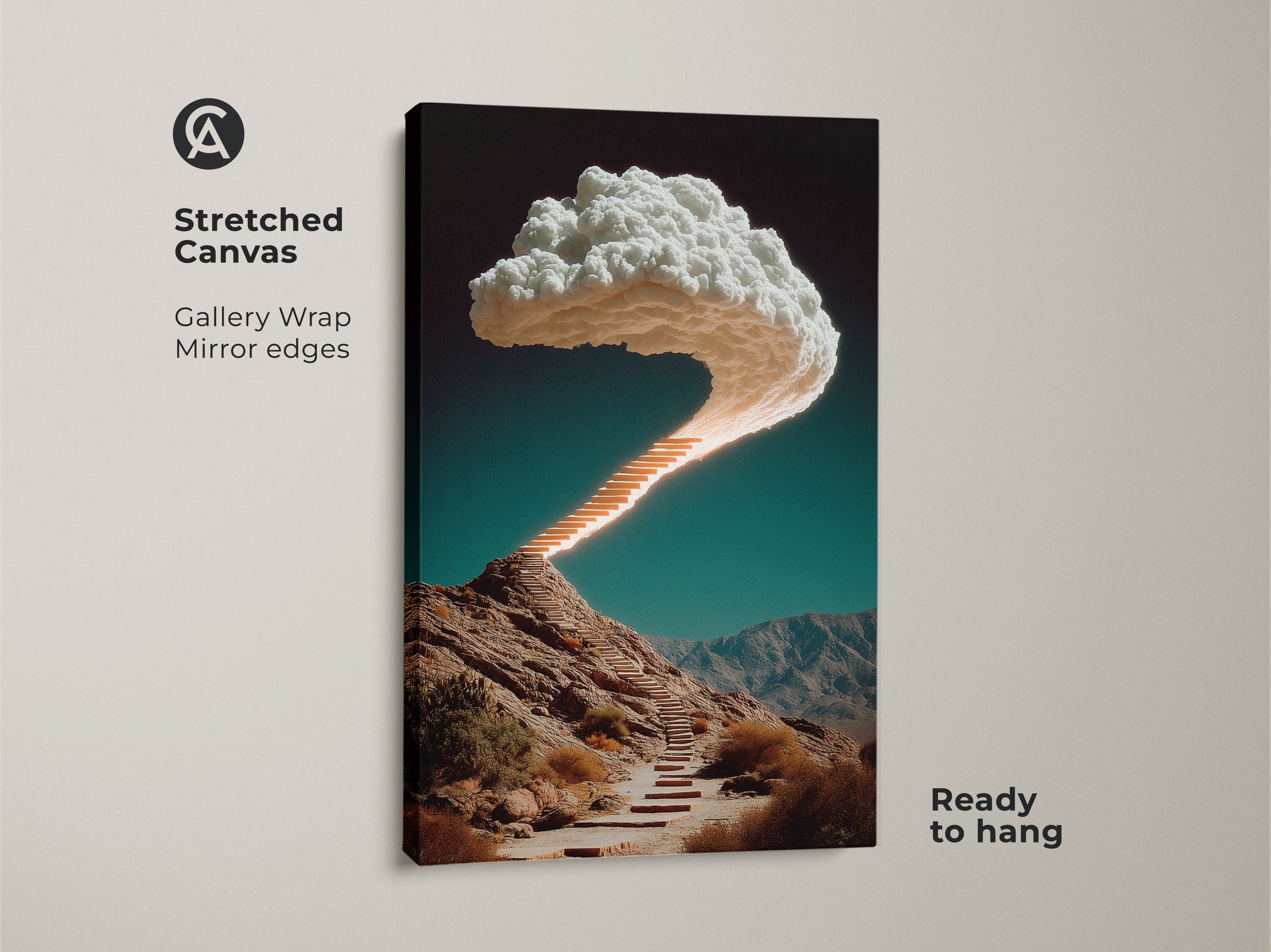 Stretched canvas art showcases a surreal stairway to a dreamlike cloud. This gallery-wrapped orange teal artwork has mirror edges. The modern canvas print is ready to hang. It adds depth to any home.