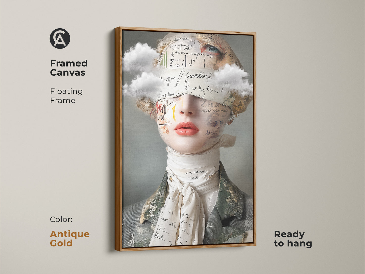 Antique gold framed canvas of surreal woman art. This floating frame enhances the collage artwork. Cloud & text art creates an eclectic piece. It's a modern artistic female portrait. Perfect for art lovers. Ready to hang.