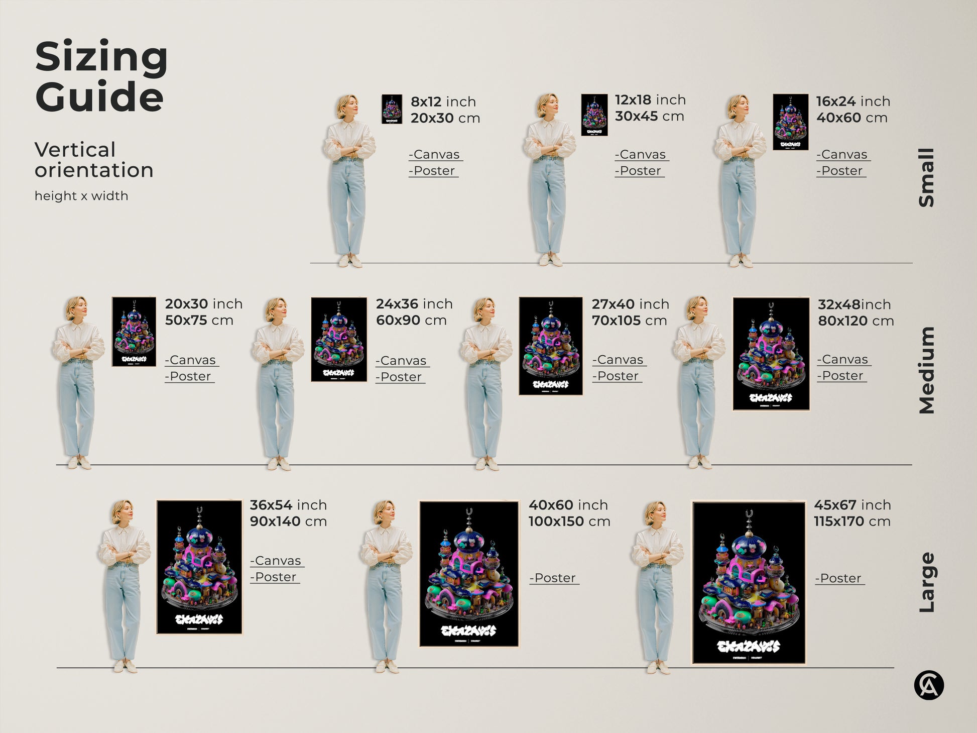 A sizing guide shows various vertical orientations of this surreal mosque fantasy town art. Available in small medium and large sizes this teal pink blue art fits any space. Choose from canvas or poster prints to enhance your eclectic home decor.