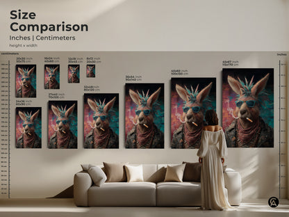 This is a size comparison of the Punk Kangaroo artwork in inches and centimeters. Sizes vary from small to large. The art is available in various dimensions as a canvas or poster. The portrait showcases a kangaroo in a leather jacket and sunglasses. The edgy animal poster is ideal for adding character to a man cave or bar area. This is perfect artistic wall hanging decor.