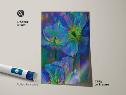 Poster print of abstract floral canvas art rolled in a tube. Easy to frame this teal blue and green artwork adds a bohemian touch to any space. The poppy anemone illustration brings nature into your home. Ideal for plant lovers seeking vibrant wall decor.