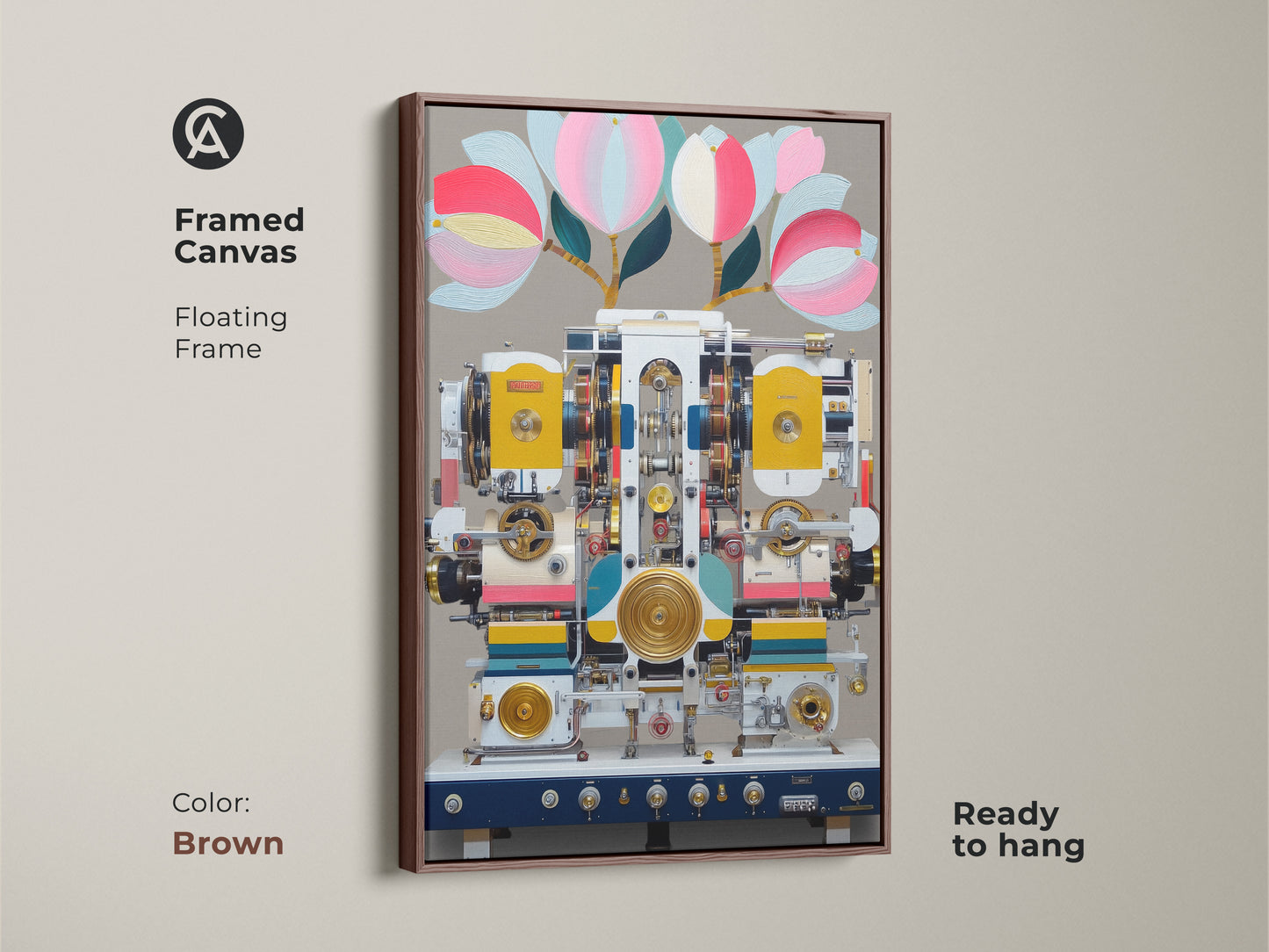 Brown framed canvas of a surreal machine artwork. The print showcases steampunk abstract canvas art. Ready to hang with a floating frame. Its yellow and teal color palette suits eclectic decor. The botanical machine art makes a great gift for tech lovers or a creative addition to office wall art.