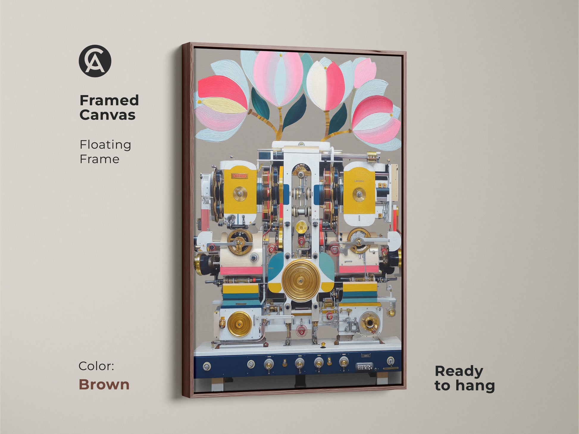 Brown framed canvas of a surreal machine artwork. The print showcases steampunk abstract canvas art. Ready to hang with a floating frame. Its yellow and teal color palette suits eclectic decor. The botanical machine art makes a great gift for tech lovers or a creative addition to office wall art.