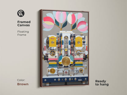 Brown framed canvas of a surreal machine artwork. The print showcases steampunk abstract canvas art. Ready to hang with a floating frame. Its yellow and teal color palette suits eclectic decor. The botanical machine art makes a great gift for tech lovers or a creative addition to office wall art.