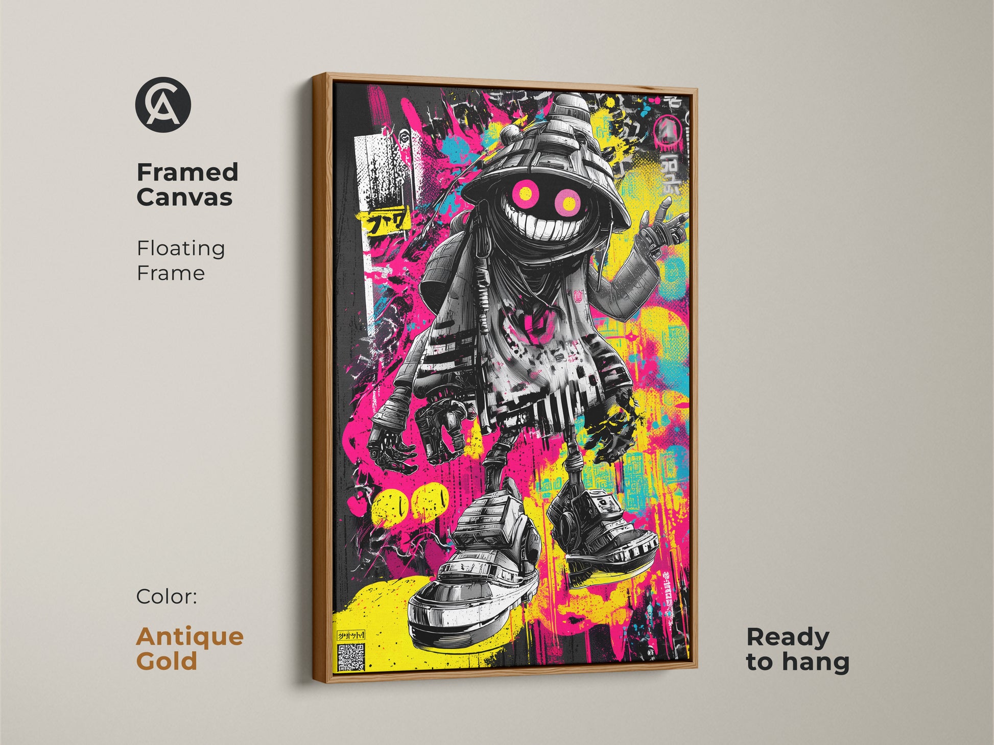 Framed graffiti art with an antique gold floating frame. The artwork features a fun character with neon accents. This framed canvas is ready to hang. The antique gold frame adds a touch of elegance. Elevate your home decor with this unique artwork.