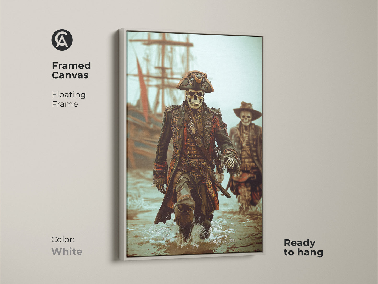 White framed canvas of a Skeleton Pirate Captain leading his crew ashore. This gothic nautical fantasy artwork is ready to hang. The artwork brings a touch of dark academia and nautical adventure to any space. Perfect for a man cave office or as a unique Halloween gift.