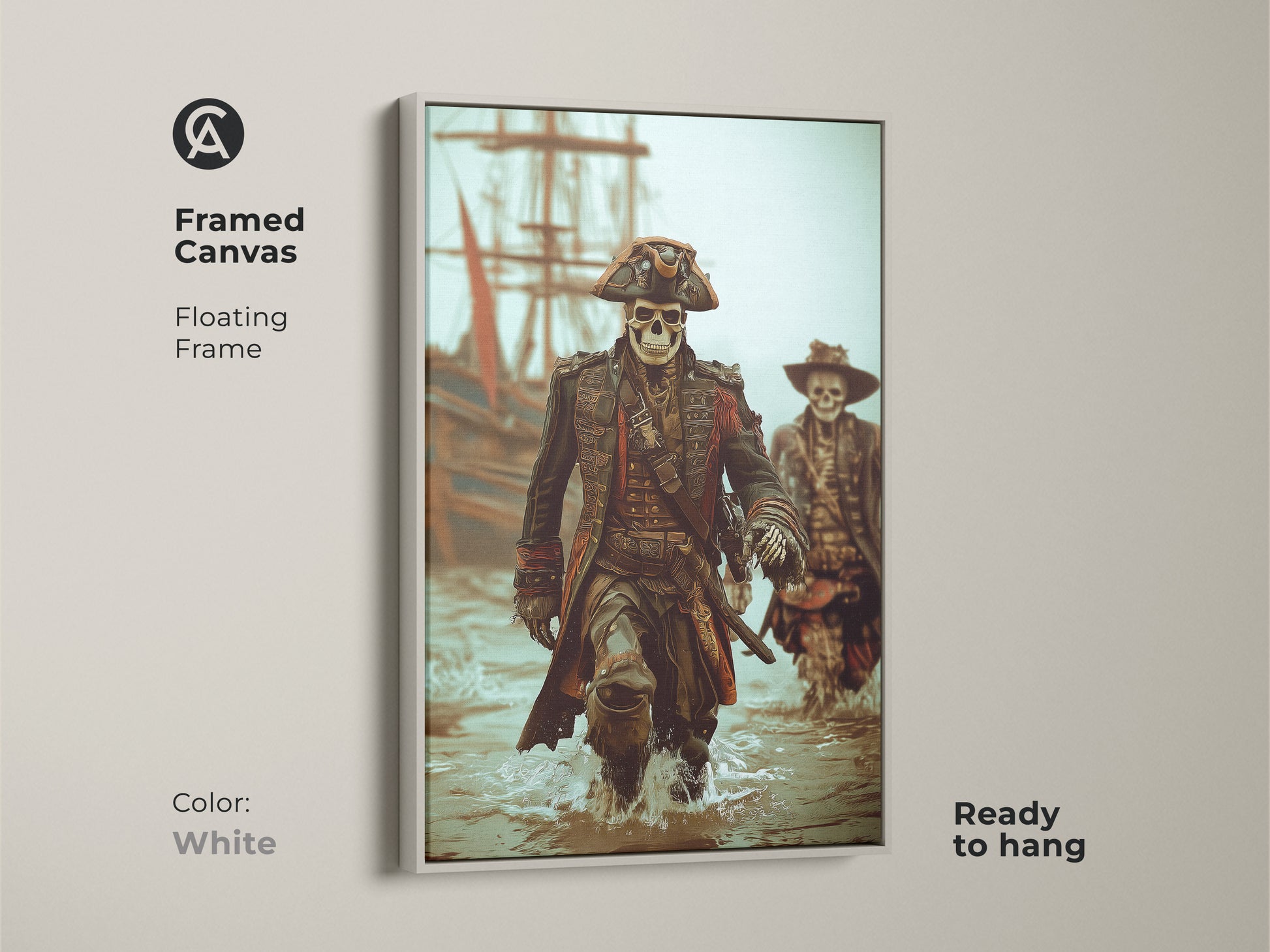 White framed canvas of a Skeleton Pirate Captain leading his crew ashore. This gothic nautical fantasy artwork is ready to hang. The artwork brings a touch of dark academia and nautical adventure to any space. Perfect for a man cave office or as a unique Halloween gift.