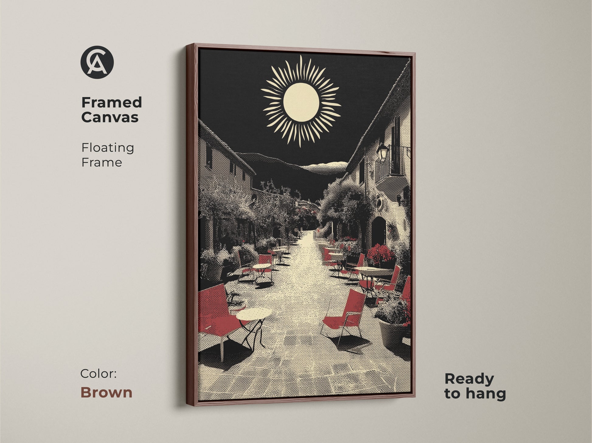 This framed canvas displays Mediterranean village street artwork in a brown floating frame. This ready-to-hang piece is a housewarming art gift featuring red seating in a retro sun landscape. The black and beige wall decor suits a European cafe scene. Ideal for travel enthusiasts seeking wanderlust wall decor.