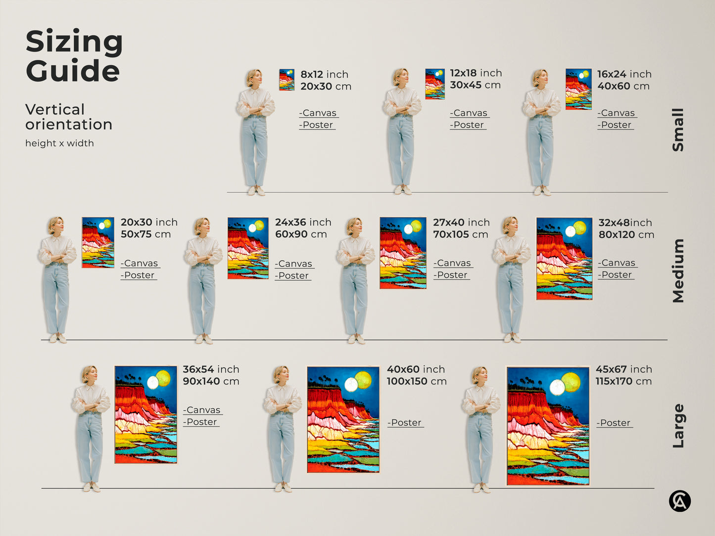 Find abstract cliff art prints in various sizes. This sizing guide shows options from small to large. See how the crimson azure landscape art fits different spaces. Choose the perfect canvas or poster for eclectic home decor. A unique housewarming gift idea for travel lovers.