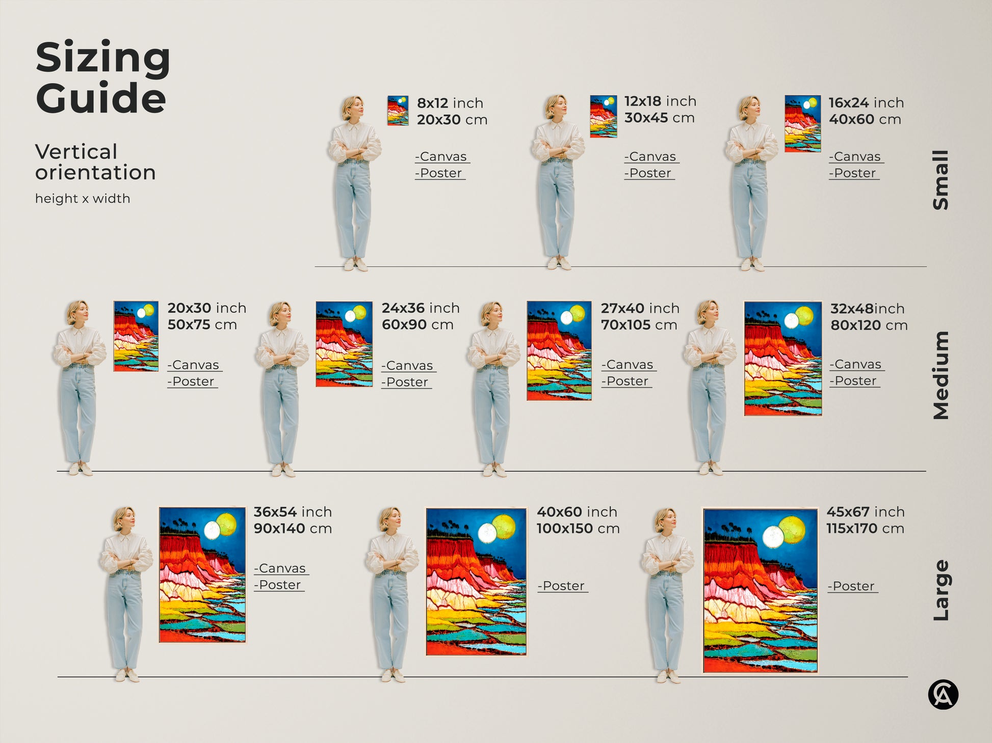 Find abstract cliff art prints in various sizes. This sizing guide shows options from small to large. See how the crimson azure landscape art fits different spaces. Choose the perfect canvas or poster for eclectic home decor. A unique housewarming gift idea for travel lovers.