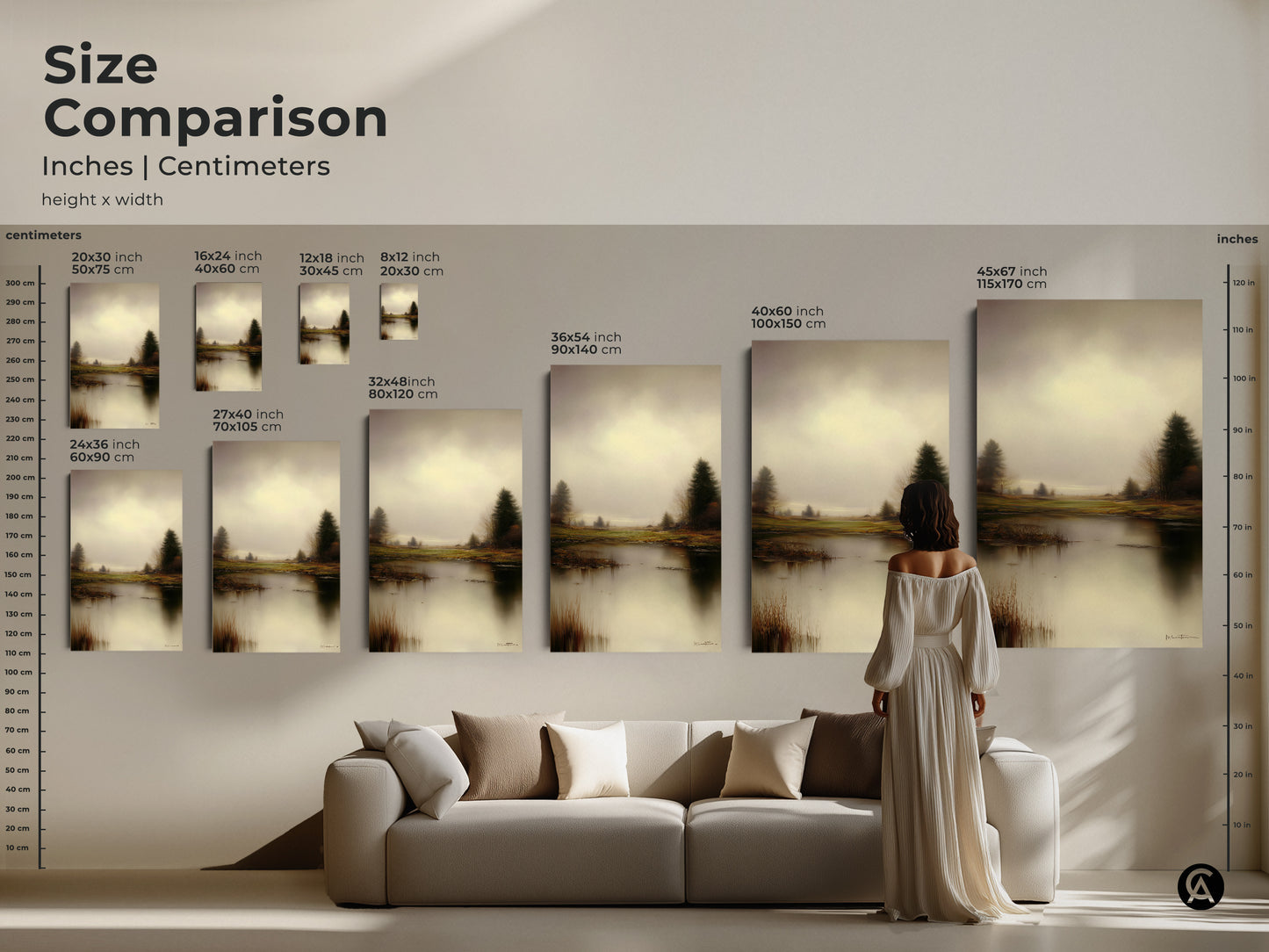 Size comparison featuring a woman admiring the rustic landscape wall art above a sofa. See how the impressionistic lake art print fits in a living space. This muted yellow landscape canvas is great.