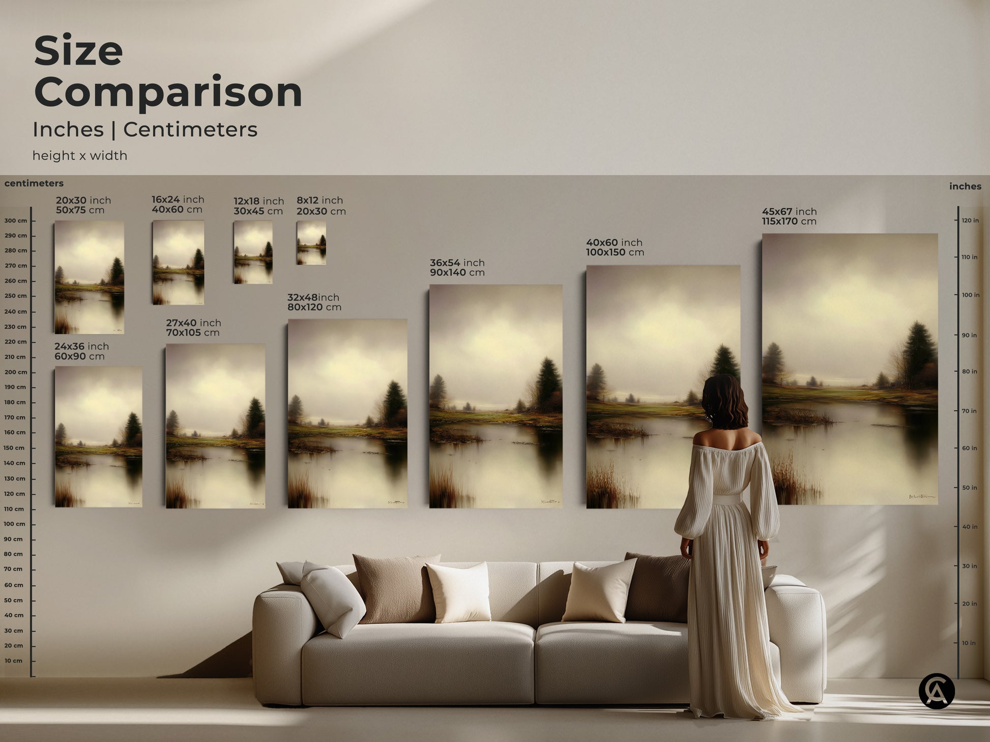 Size comparison featuring a woman admiring the rustic landscape wall art above a sofa. See how the impressionistic lake art print fits in a living space. This muted yellow landscape canvas is great.