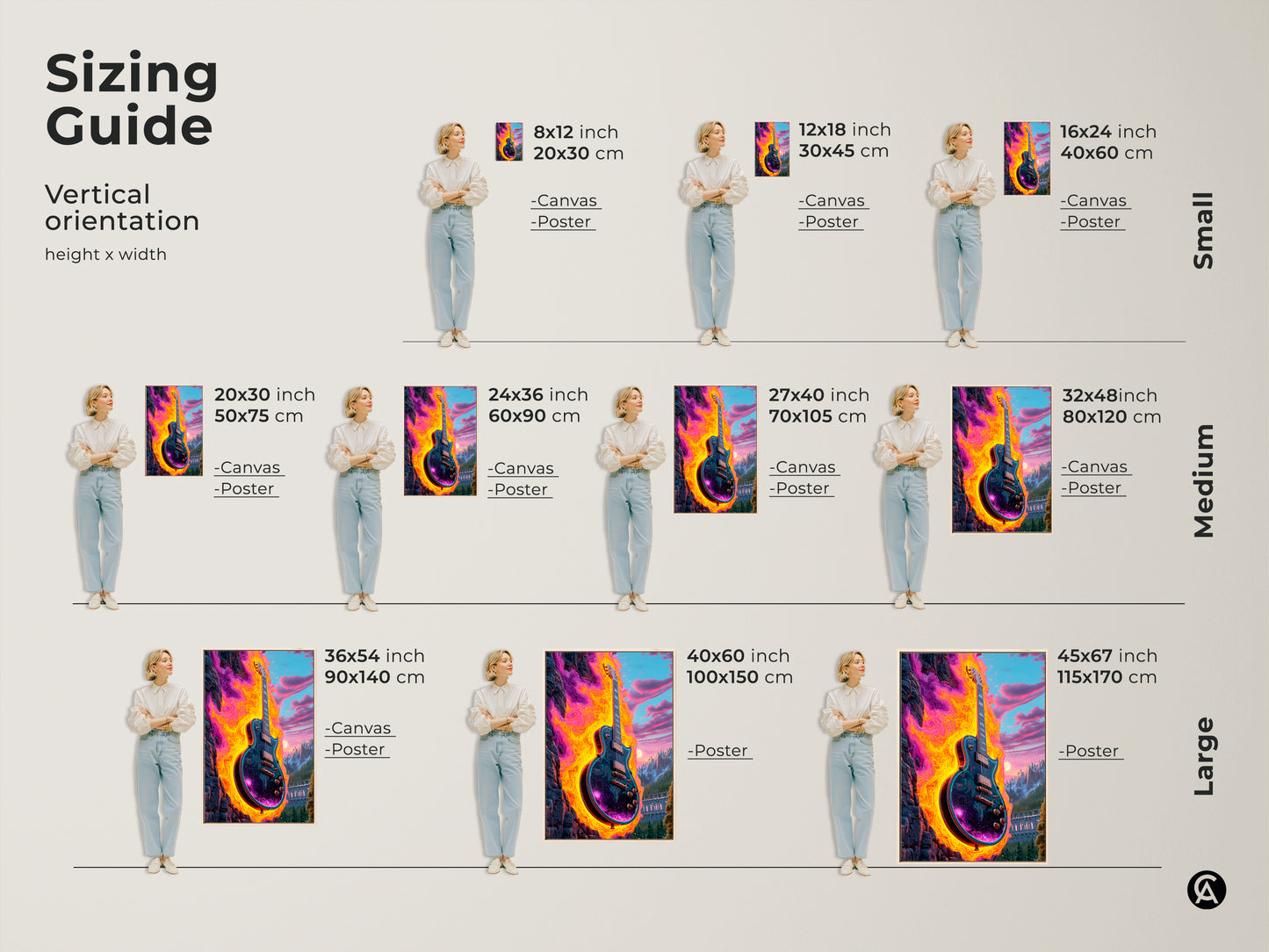 Sizing guide for psychedelic electric guitar canvas and poster prints. Vertical orientation height and width options. Small medium and large sizes are available. Abstract cosmic mountain landscape art adds vibrant color to any space. Perfect eclectic music lover gift.