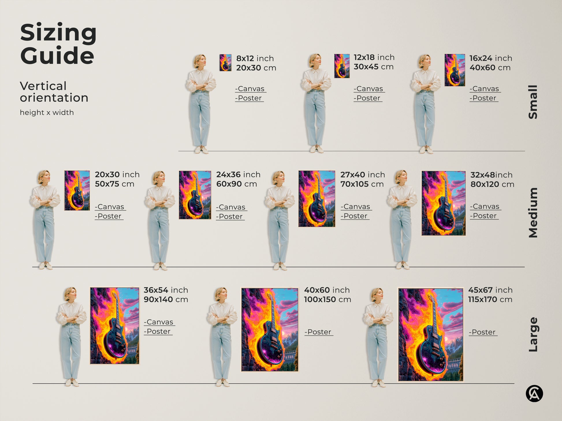 Sizing guide for psychedelic electric guitar canvas and poster prints. Vertical orientation height and width options. Small medium and large sizes are available. Abstract cosmic mountain landscape art adds vibrant color to any space. Perfect eclectic music lover gift.