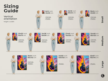 Sizing guide for psychedelic electric guitar canvas and poster prints. Vertical orientation height and width options. Small medium and large sizes are available. Abstract cosmic mountain landscape art adds vibrant color to any space. Perfect eclectic music lover gift.